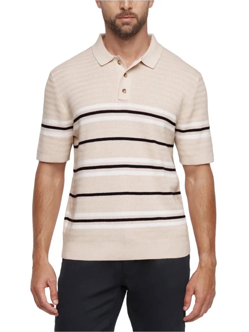Banana Republic 100% Cotton Striped Knit Polo Sweater Short Sleeve Neutral Beige